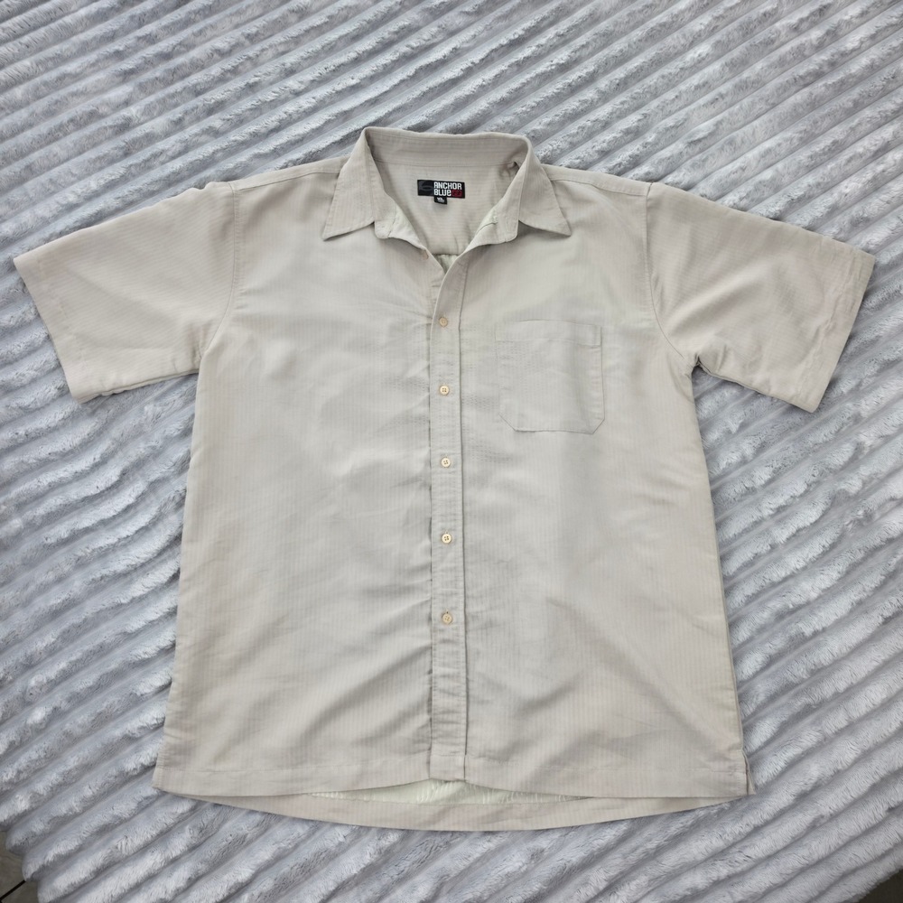 Y2K Anchor Blue MenXL Tan Beige Textured Short Sleeve Button Down Shirt Vintage